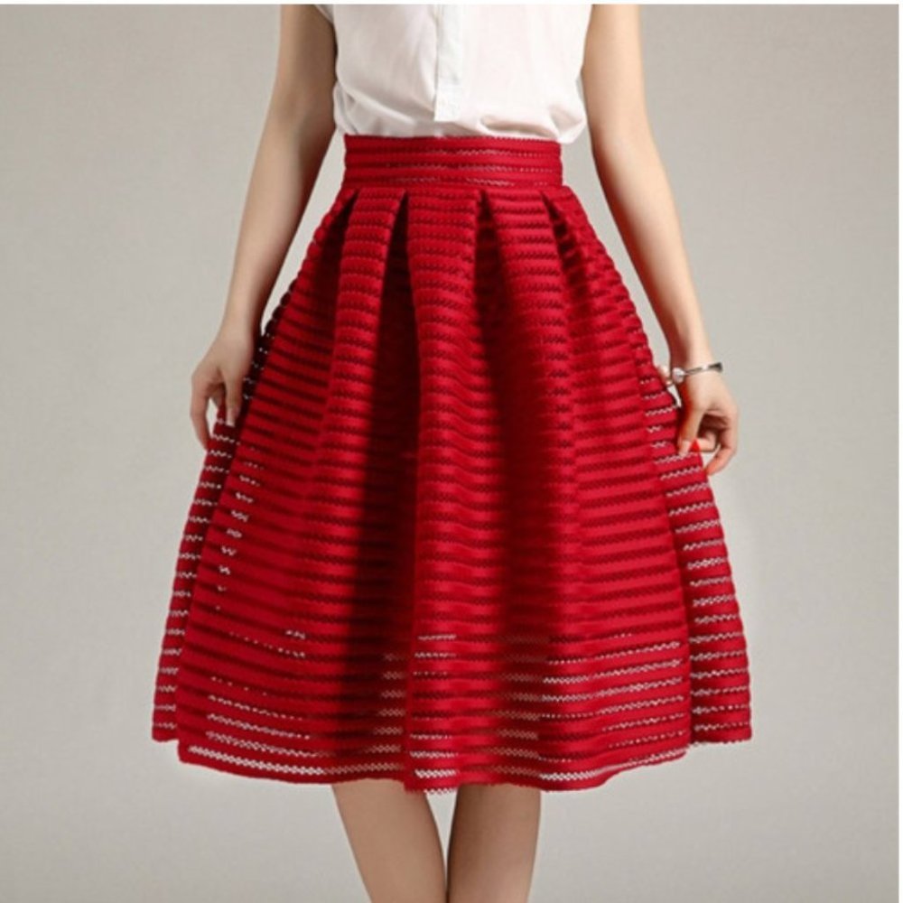 Maje Red Eyelet Trim Puffy Retro High Waist Knee Length Skirt 1 or S